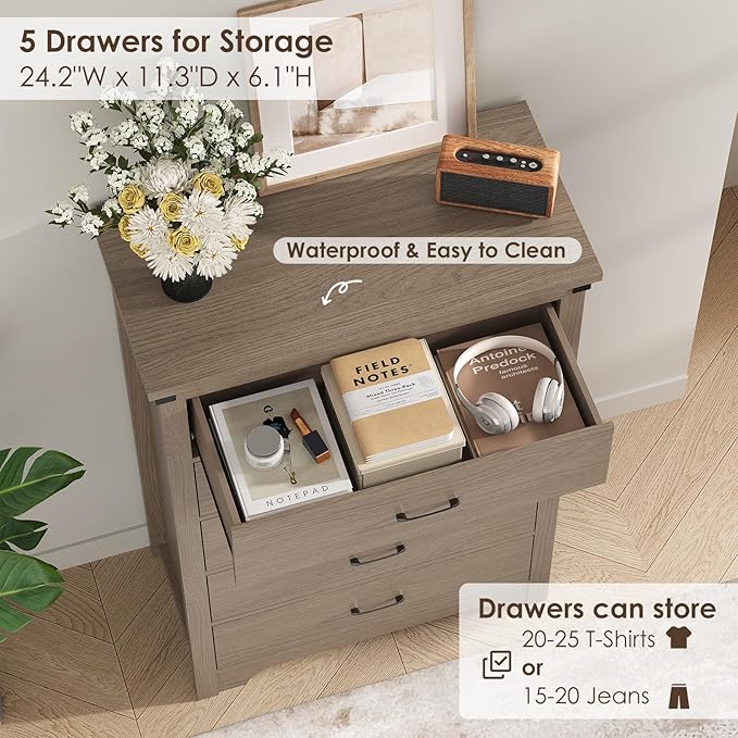 Farmhouse 5 Drawer Dresser for Bedroom, 47" Tall Chest of Drawers, Wood White Dresser with Deep Drawers, Storage Dressers Organizer for Bedroom, Living Room, Hallway, Light Rustic Oak
