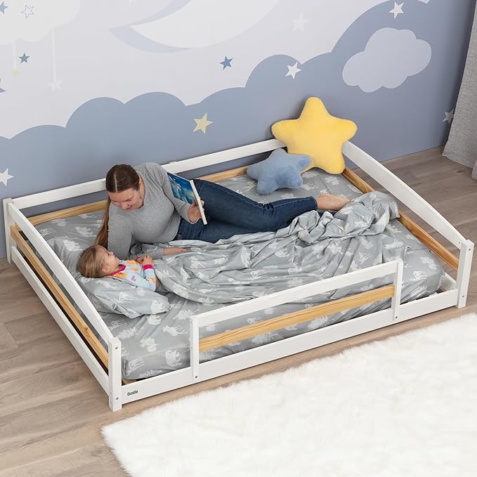 Ocodile Full Size Montessori Floor Bed for Kids - Strong Slatted Bed Frame with Full Rails - Ideal for Little Girls and Boys - White