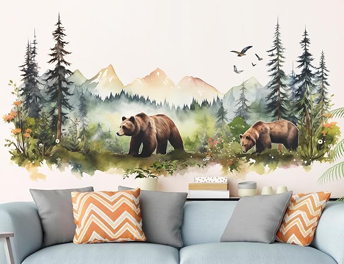 Large Jungle Animals Wall Decals Forest Tree Wall Decal Peel and Stick Woodland Bear Fox Deer Wall Stickers Giant Mountain Art for Bedroom Nursery Room FX-C432