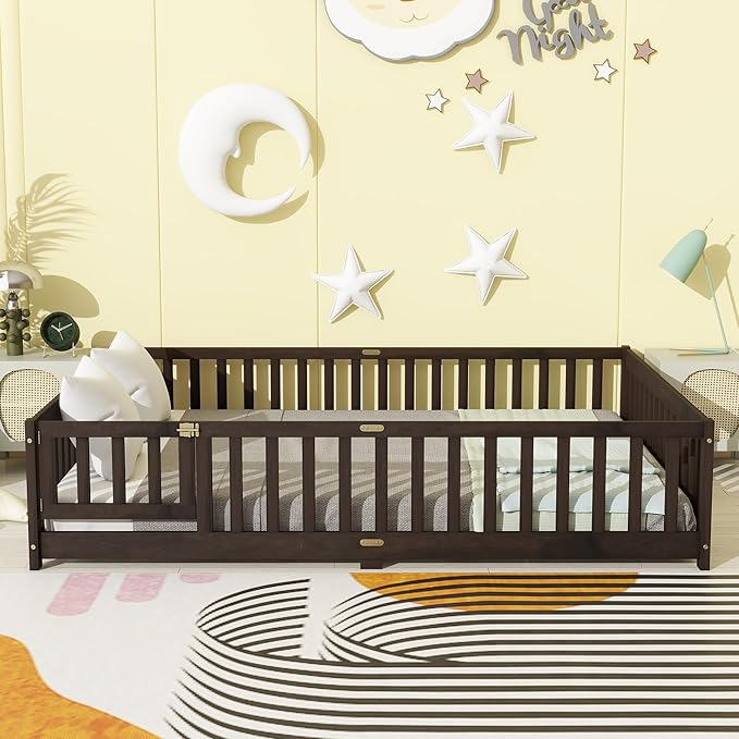 Bellemave Queen Size Floor Bed for Kids, Girls, Boys, Wood Floor Bed with slats and Door, Espresso