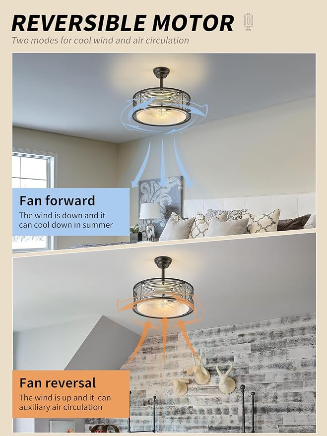 20" Black Fandelier Ceiling Fan with Light, Chandelier Ceiling Fans with Lights Remote Control, Caged with 6 Speeds for Bedroom, Living Room, Nursery
