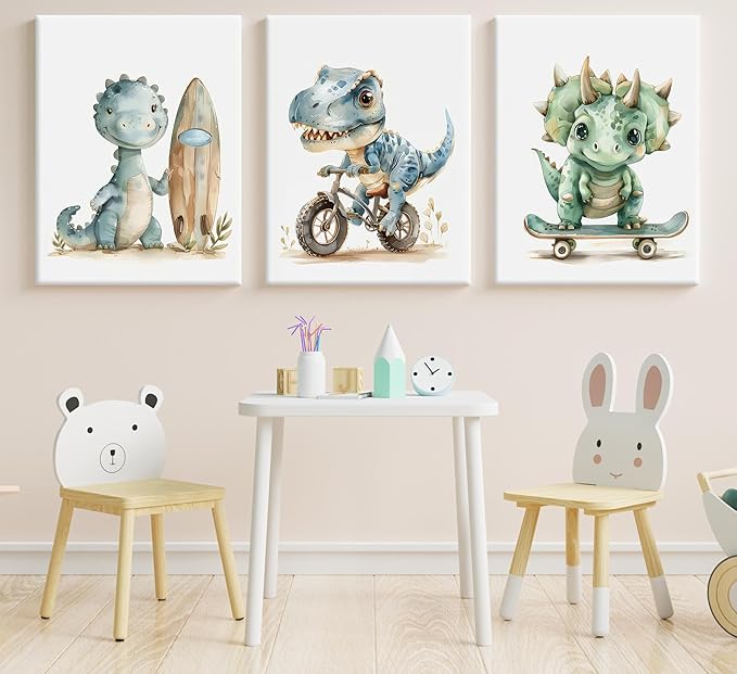 Funny Dinosaur Nursery Canvas Wall Art Surfing Skateboard Riding Dinosaur Painting Picture Wall Decor Sport Nursery dinosaur Print Artwork Poster Print Artwork for Boys Room Girls Room Home Decoration