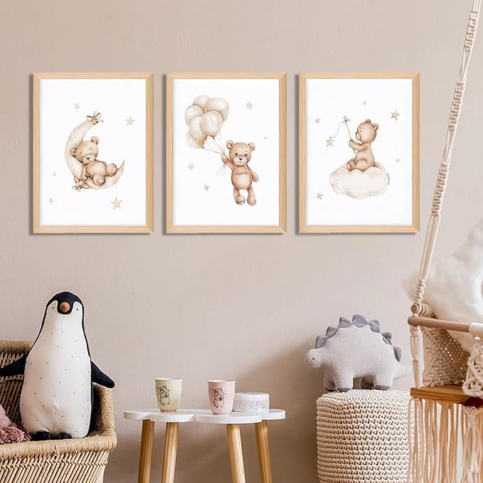 Framed Teddy Bear Wall Art Nursery Decor Set of 3, Bear Sleeping on The Moon and Stars Pictures Canvas, Neutral Bears Poster Prints Wall Decor for Kids Baby Room Girls Children Room – 12x16 inch