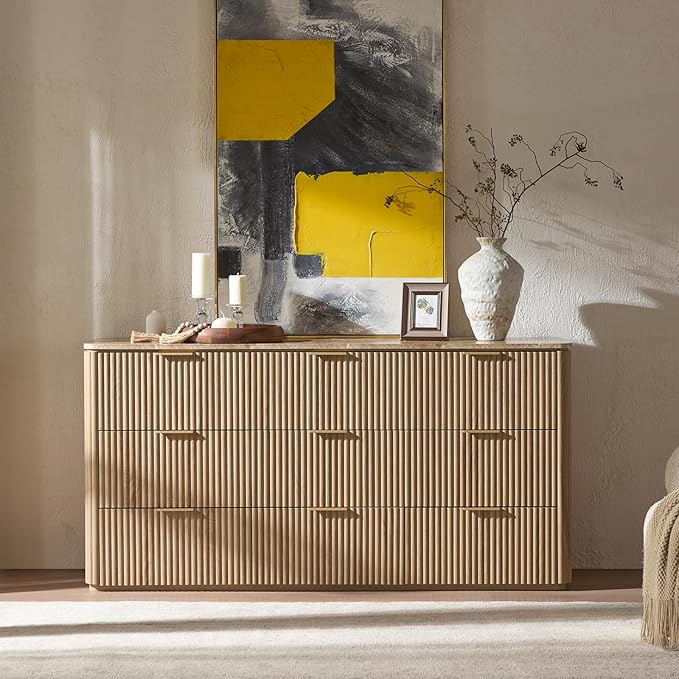 Fluted 9 Drawer Dresser for Bedroom, 63" Wide Modern Chest of Drawers with Faux Marble Top, Curved Corners Design, Wooden Dresser TV Stand with Organizer Storage for Living Room (Natural Oak, 63" W)