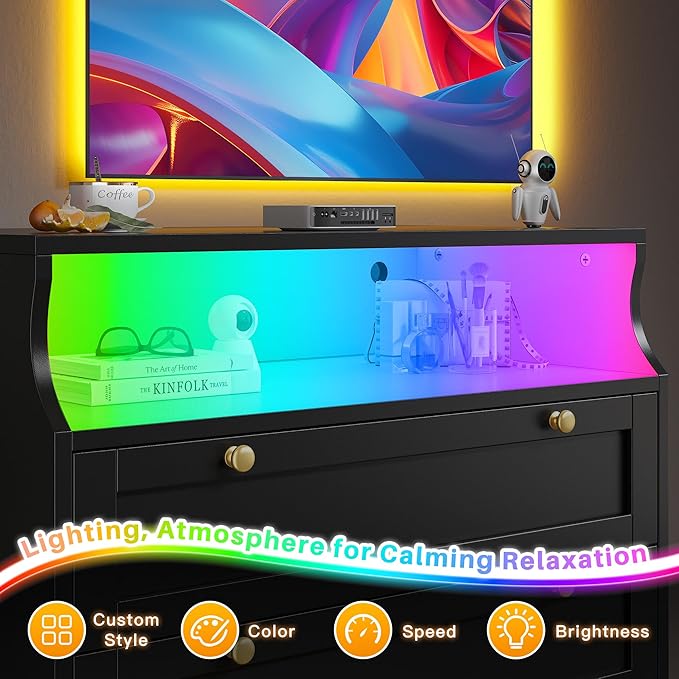 EnHomee Black Dresser with LED Light, Tall Dresser for Bedroom, 5 Drawers & 1 Shelves Space Saver for Bedroom, Hallway, 31.3" W x 48.5" H x 15.7" D
