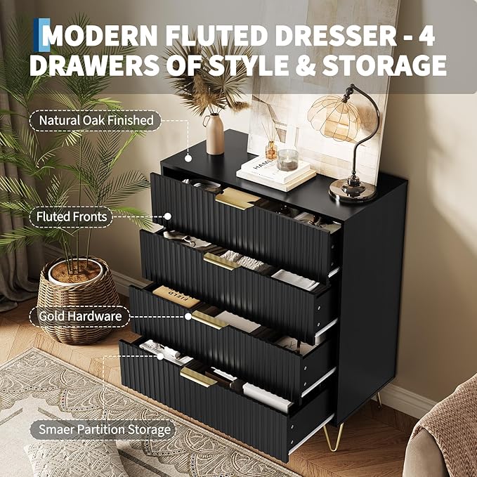 Garvee Fluted Dresser for Bedroom with 4 Drawers,32" Wide Modern Chest of Wooden Bedroom Chest with Metal Handle,Wide Clothes Storage Organizer,Closet Dresser & TV Stand for Living Room,Hallway,Black