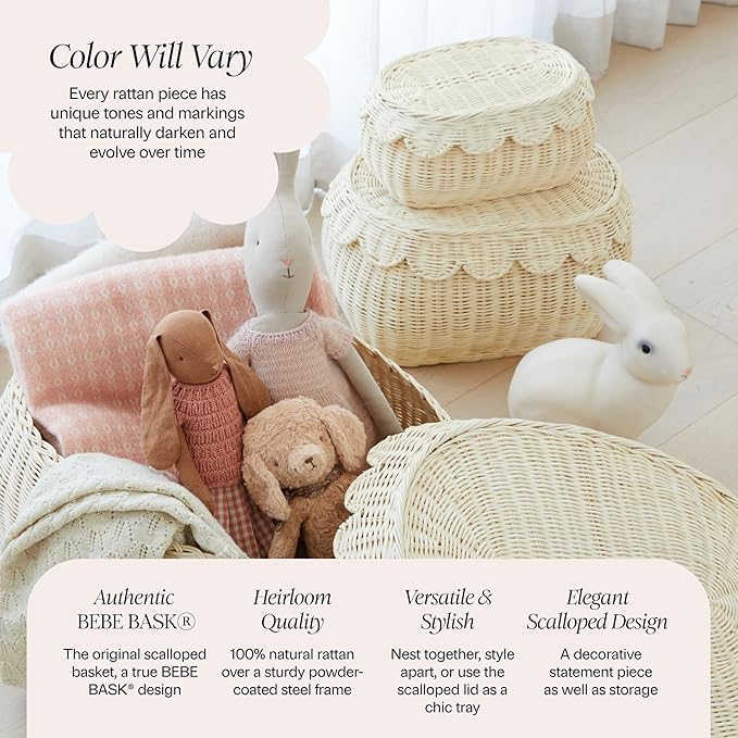 BEBE BASK Large Scalloped Basket Set Of 3 - Hand-Woven & Award-Winning Scallop Basket - XL - Extra Large for Blankets 22 x 16 x 10 In - Elegant Wicker With Scalloped Edge Lid (Natural)