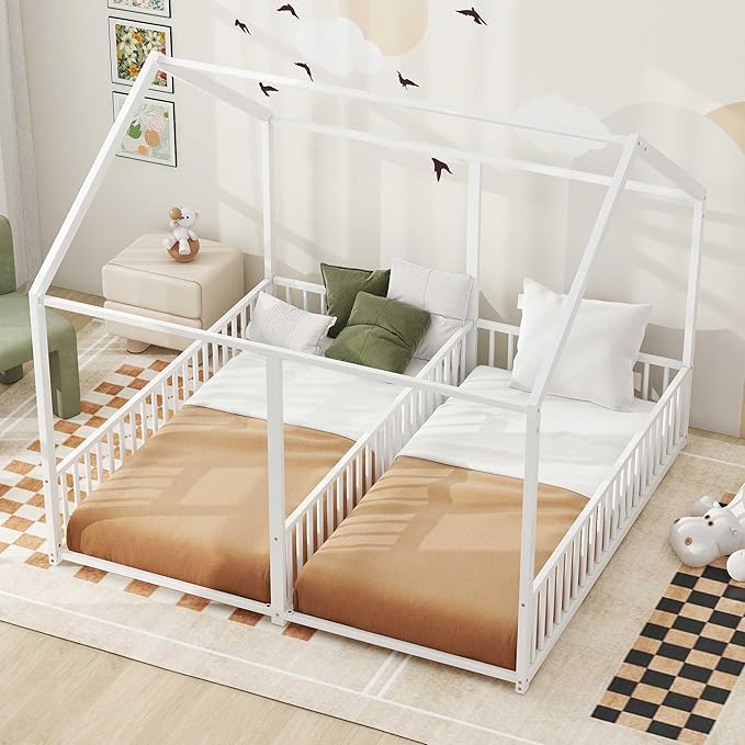 Harper & Bright Designs Metal Twin Size House Platform Bed Frame for Boys Girls Kids Adults Toddler, Two Shared Beds, White