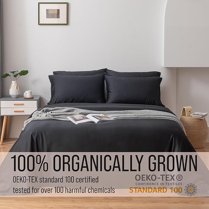 Bella Coterie 6 Piece Luxury Bamboo Viscose Queen Size Sheet Set | 100% Organically Grown | Cooling for Hot Sleepers | 18" Deep Pocket | Soft & Hypoallergenic | 4 Pillowcases [Black]