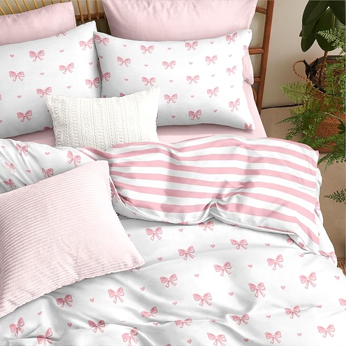Pink Bow Duvet Cover Queen Size Striped Bedding Set Kids Boys Girls 3 Pieces Princess Style Stripe Bowknot Reversible Coquette Soft Microfiber Duvet Cover Set with 2 Pillowcases