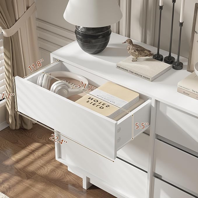 White Dresser for Bedroom, 47" Wide 6 Drawer Dresser, Mid Century Modern Dressers Chest of Drawers, Wooden Large Dressers for Bedroom, Closet