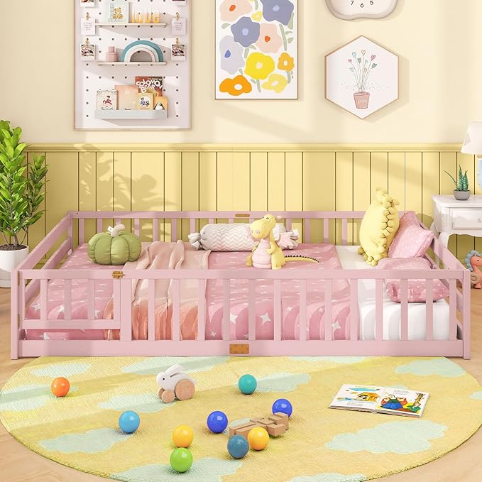 Giantex Queen Floor Bed with Door & Fence, Kids Wood Montessori Beds with Safety Guardrails, Floor Bed Twin for Kids, Boys, Girls, No Box Spring Needed, Pink