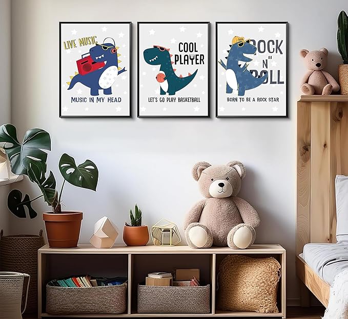 3Pcs Cartoon Dinosaur Wall Art Trio Set Music Sports Rock Themes Playful Canvas Prints Vibrant Color Posters Starry Gray Background Pictures Paintings for Kids Room Wall Decor Nursery Decoration Unframed