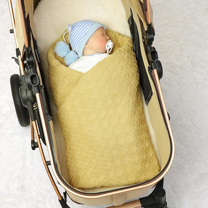 LAWKUL Baby Blankets Knit Cable Babe Blanket Soft Airy Newborn Infant Receiving Swaddle Yellow Neutral Crib Stroller 40"x30"