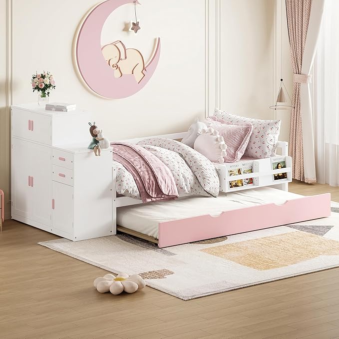 Merax Twin Size Corner Bed with Trundle and Drawers, Wooden Daybed Frame with Movable Wardrobe, Two Bookshelves, and Safety Guardrail, Twin Bed Frame for Kids, Boys Girls, Easy Assembly,Pink