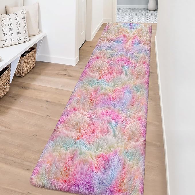 Shaggy Unicorn Rugs for Girls Bedroom Colorful Rainbow Rug for Girls Room 2x8 Runner Rugs for Hallway Living Room Long Plush Fluffy Rug Non Slip Fuzzy Carpet for Kids Room Kawaii Decor