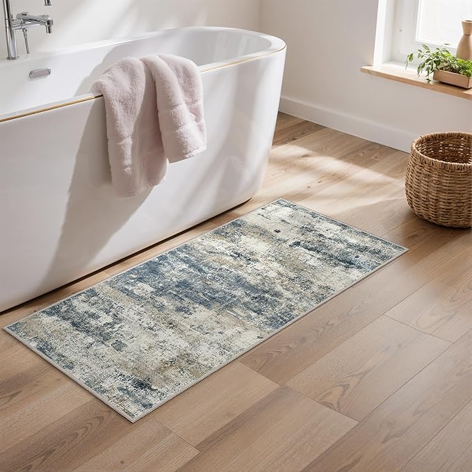 GENIMO 2x4 Entryway Runner Rug, Washable Runners for Kitchen, Indoor Entrance, Bathroom, Low Pile Small Carpet with Non Slip Backing, Abstract Modern Design, Navy Blue