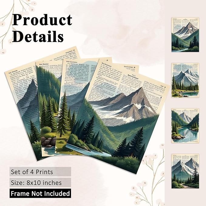 OFJE Vintage Forest Mountain Wall Art Decor Prints Set of 4, Retro Nature Landscape Wall Art Posters Decor for Home Bedroom Living Room, 8x10 Unframed