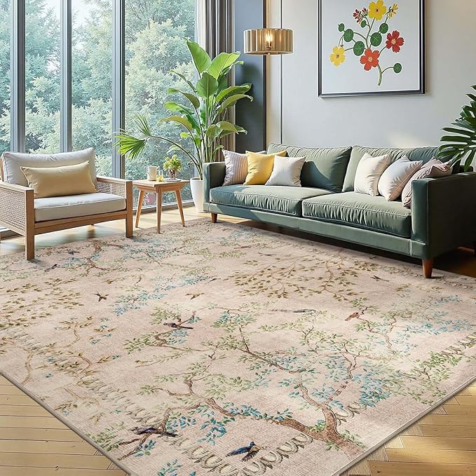 jinchan Yarden Botanical Birds 8x10 Beige Area Rugs for Living Room Washable Non Slip Soft Nature Plants Modern Carpet Vintage Ultra Thin Low Pile Indoor Rug for Bedroom Dining Room Nursery Playroom