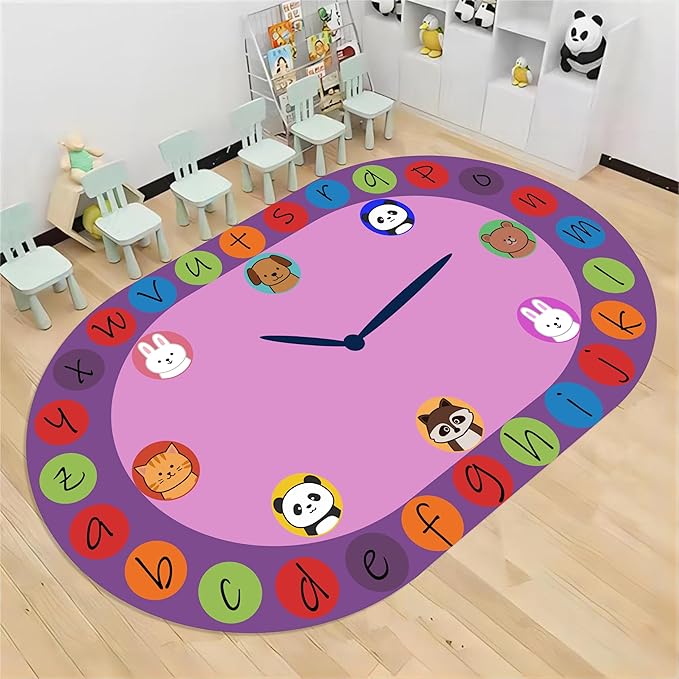 Children's Area Rugs, 5x7ft, Alphabet Animal Early Learning Oval Rug, Cartoon Animal Pointer Print Playmat, Non-Slip Washable Purple Floor Carpet for Kids Room Classroom Nursery