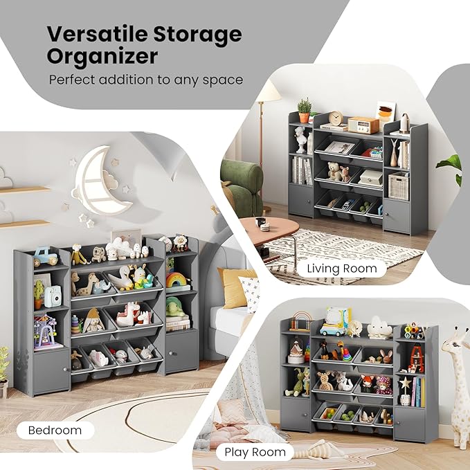 Costzon 56'' Kids Toy Storage Organizer with 8 Removable Bins, 4-Tier Toddler Bookshelf Cubbies, Preschool Children's Montessori Bookshelf w/6 Large Cabinet for Playroom, Daycare, Kids Room, Classroom