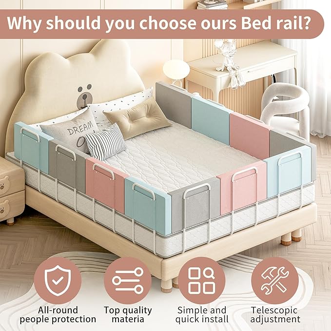 Bed Rail, Bed Rail for Toddlers, Kid, Adult, 78.7" Bed Side Rails for Full, Queen, King, Twin, Bunk, Dorm Beds to Prevent Falls, Bed Rails Can be Flexibly Combined, Easy Installation (Gray, 4 Packs)
