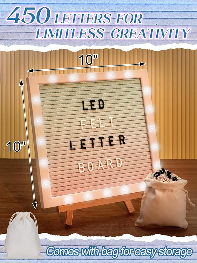 Changeable Felt Letter Board with LED Lights - 10×10" Message Custom Signs & Wood Stand & 450 Letters, Poster Board for Christmas/Pregnancy/Baby Announcement/Baby Shower/Wall Decor Gifts, Gradient