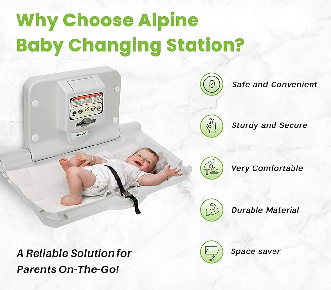 Alpine Wall Mounted Baby Changing Station 2 Pack - Horizontal Baby Changing Table Foldable Diaper Tables with Safety Strap for Commercial Bathroom, ADA Complaint (Hardware Included) White Gray