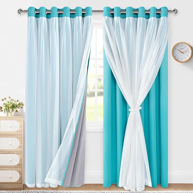 XWZO 100% Blackout Curtains with Sheer Overlay, Double Panel Grommet Thermal Insulated Privacy Curtains with Black Liner for Bedroom, Living Room, 2 Panels with Tiebacks, 70x84, Turquoise