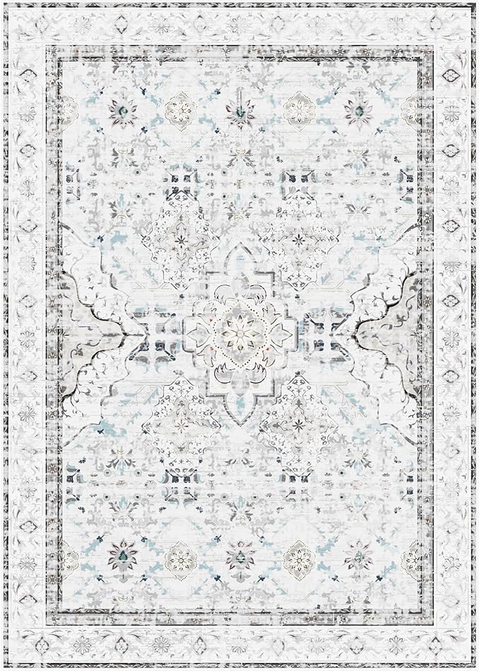 AMTOVO Area Rugs 5'x7' Washable Non-Slip, Vintage Boho Distressed Print Pattern Rugs for Living Room, Soft Low Pile Carpet for Bedroom Indoor Playroom Nursery Farmhouse Dining Room, Light Grey