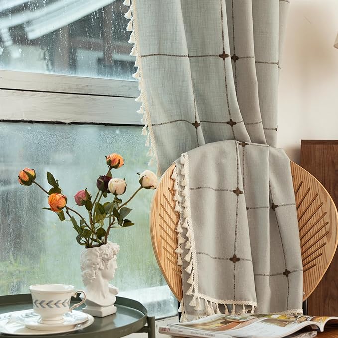 Deeprove Boho Curtains 84 Inches Long for Bedroom, Checkered Bohemian Chic Textured Embroidery Plaids, Vintage Tassels Country Decor Drapery, Rod Pocket, 1 Panel W52 x L84, Dusty Greyish Cream