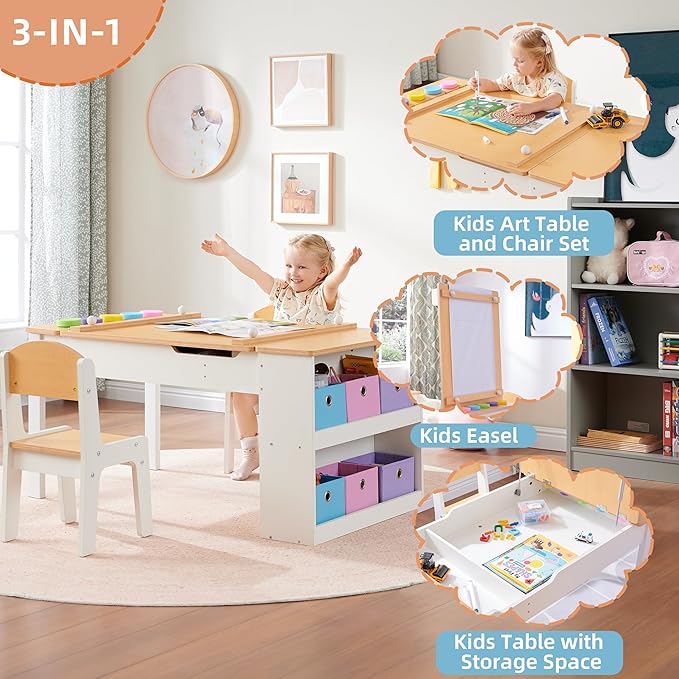 Kids Art Table and Art Easel Table & 2 Chair Set, 2 in 1 Toddler Craft and Play Wood Activity Table with Storage Bins and Paper Roll (Natural & White)