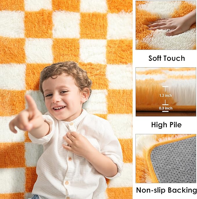 KICMOR 4x6 Rugs for Bedroom Living Room, Orange and Cream White Fluffy Fuzzy Checkered Shag Area Rug Shaggy Bedside Carpet, Furry Plush Soft Rug for Kids Boys Girls Room Nursery Playroom Home Decor