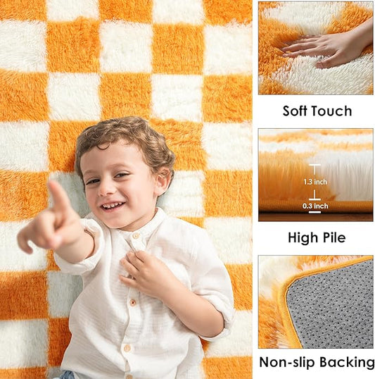 KICMOR 4x6 Rugs for Bedroom Living Room, Orange and Cream White Fluffy Fuzzy Checkered Shag Area Rug Shaggy Bedside Carpet, Furry Plush Soft Rug for Kids Boys Girls Room Nursery Playroom Home Decor
