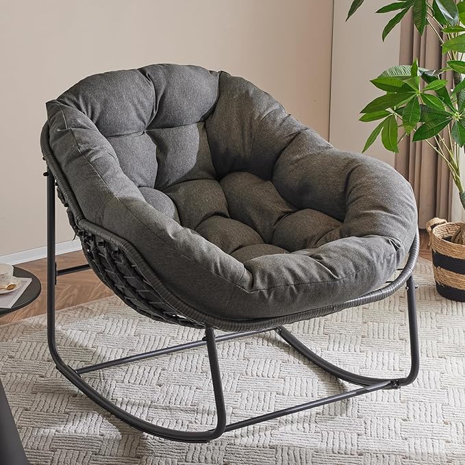 Oversized Outdoor Papasan Rocking Chair Set of 2 with Soft Cushion, Comfy Patio Egg Chair, Wicker Lounge Rocker for Balcony/Porch/Garden, Reinforced All Weather Rattan Frame, Dark Grey