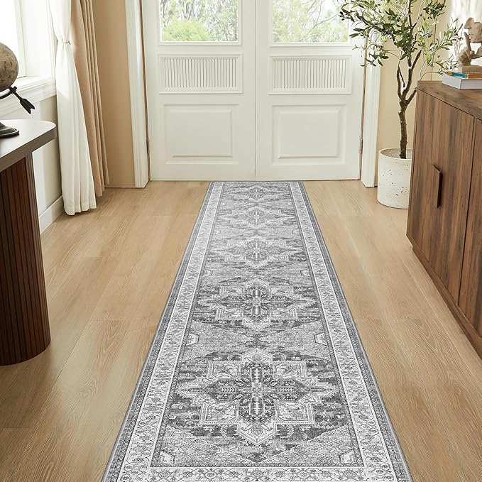 WITSHOCK Extra Long Runner Rug for Hallway 2x12: Washable Vintage Boho Low Pile Stain Resistant Foldable Carpet for Bedroom Kitchen Entryway Indoor Entrance Distressed Farmhouse Home Decor, Grey