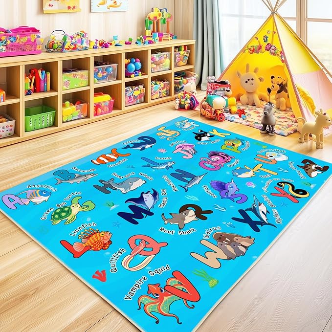 Kids Rugs for Playroom, 4x5 Ft Ocean Rug Baby Play Mat ABC Alphabet Rug Soft Machine Washable Non-Slip Educational Carpet for Classroom Toddler Nursery Kids Room Decor, Blue