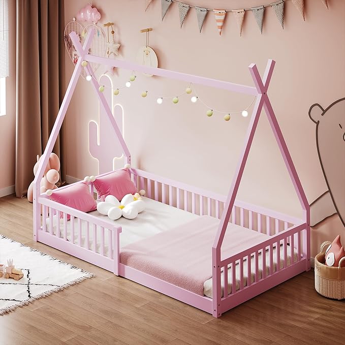 Merax Twin Size House Platform Frames Bed Floor Bed with Fence for Boys or Girls, No Box Spring Needed(Slats Kit Included), Pink