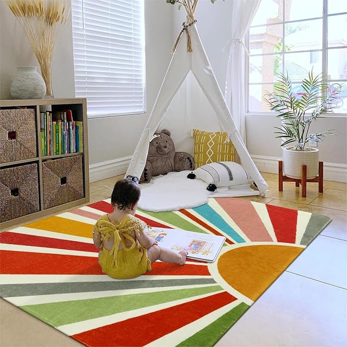 STARUIA Boho Washable Rug 4'x6' Kids Area Rug for Playroom, Non-Slip Kids Rug for Bedroom, Rainbow Modern Sun Carpet Soft Throw Sunshine Rugs for Office Nursery Entryway Dorm