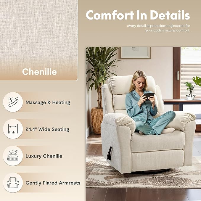 FLEXISPOT XRC6 Nursery Swivel Rocker Recliner with Massage & Heat, Rocking Glider Chair w/ 28" High Back, Comfy Upholstered Armchair for Living Room Nursery, FSC Certified(Premium Chenille, Cream)