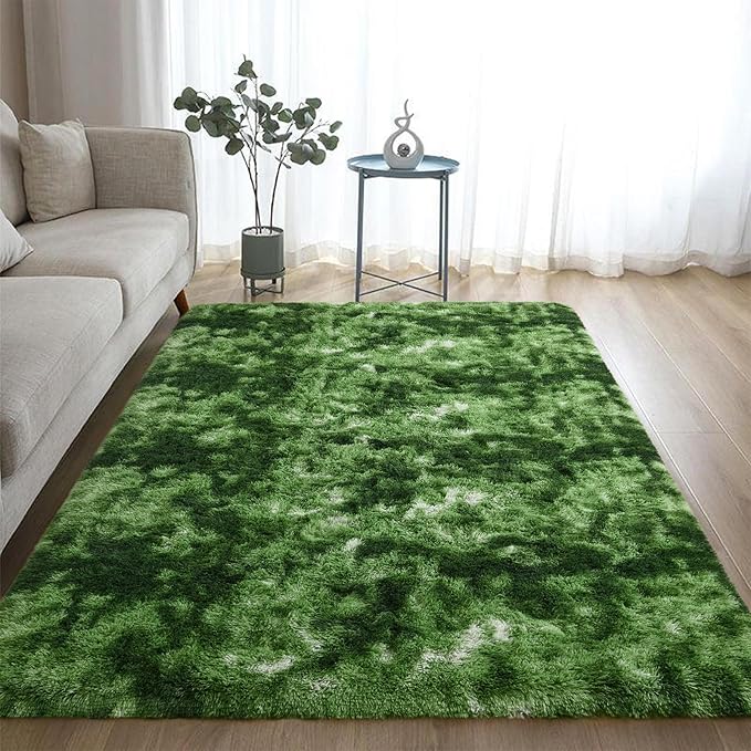 DweIke Fluffy Dark Green Rugs for Bedroom Living Room, 8x10 Large Soft Plush Shaggy Tie-Dyed Forest Moss Green Girls Boys Kids Rug, Non-Slip and Machine Washable Carpet for Dorm Nursery Decor