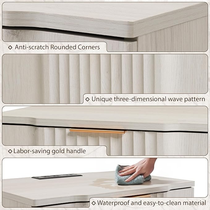 XIAO WEI End Table with Charging Station, 20W Fast Charger Fluted Side Table, Sofa Table with Drawer and Open Shelf,End Table for Living Room,White