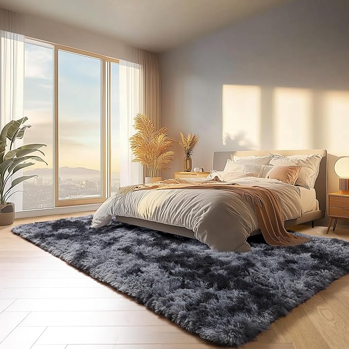 ONASAR Rugs for Living Room Bedroom, 5x8 Washable Fluffy Tie-Dyed Dark Grey Bedside Area Rug, Soft Plush Shaggy Floor Carpet for Nursery Kids Girls Boys Teen Dorm Home Office Decor Aesthetic