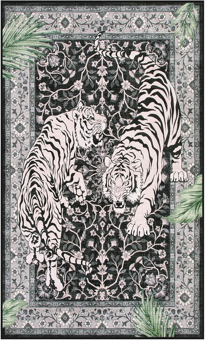 Moynesa Tiger Washable Rugs, 3x5 Entry Area Rugs, Non Slip Vintage Soft Living Room Carpet, Boho Low Pile Stain Resistant Indoor Throw Mat for Kitchen Bedroom Entrance, Black