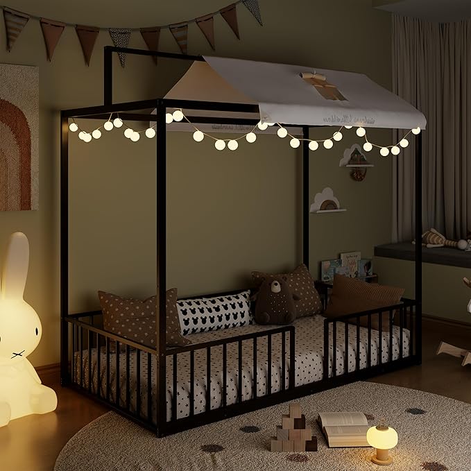 Harper & Bright Designs Full Size Montessori Floor Bed Frame for Kids, Metal Floor Bed with Canopy and Guardrails, High Fenced Canopy Bed with Sturdy Metal Slats Support, Easy Assembly, Black