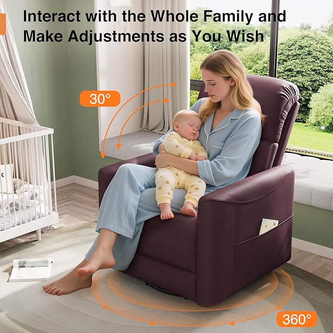 Power Swivel Rocker Recliner, 360° Swivel Nursery Rocking Chair, PU Leather Glider Rocking Recliner, Infinite Position Electric Chair for Adults with USB Port for Living Room, Burgundy