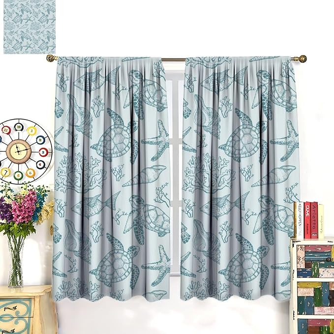 Turtle Starfish Curtains,Coral Starfish Seashell Beach Sea Seashell Theme Pattern Blackout Print Home Bedroom Living Room Window Treatmen 2 Panel Set 72x63 Inch
