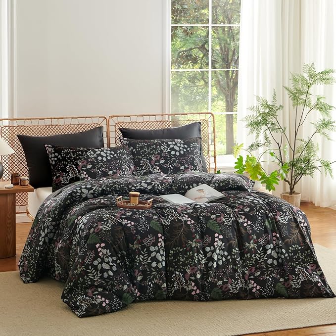 Floral Duvet Cover King 3 Pieces Elegant Flower Bedding Set Farmhosue Aesthetic Bedding Soft Microfiber Black Duvet Cover Set with 2 Pillowcases