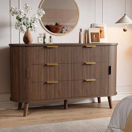 Fluted 6 Drawers Dresser, 55'' Wide Mid Century Modern Chest of Drawers with Sliding Door & Metal Handles, Curved Profile & Sturdy Legs, Wood TV Stand for Bedroom, Living Room (Walnut)