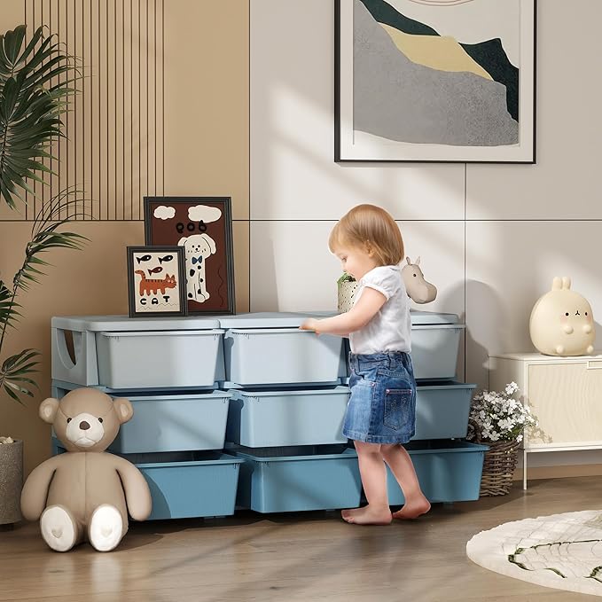 Qaba 3 Tier Kids Storage Unit, 9 Drawer Chest Toy Organizer Plastic Bins for Kids Bedroom Nursery Kindergarten Living Room for Boys Girls Toddlers, Blue